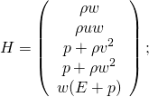 \[H=\left(\begin{array}{c} \rho w\\ \rho uw\\ p+\rho v^{2}\\ p+\rho w^{2}\\ w(E+p)\end{array}\right);\]